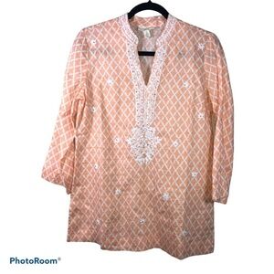 CHARTER CLUB Luxury 100% Linen Embroidered 3/4 Sleeve Tunic Top Sz S